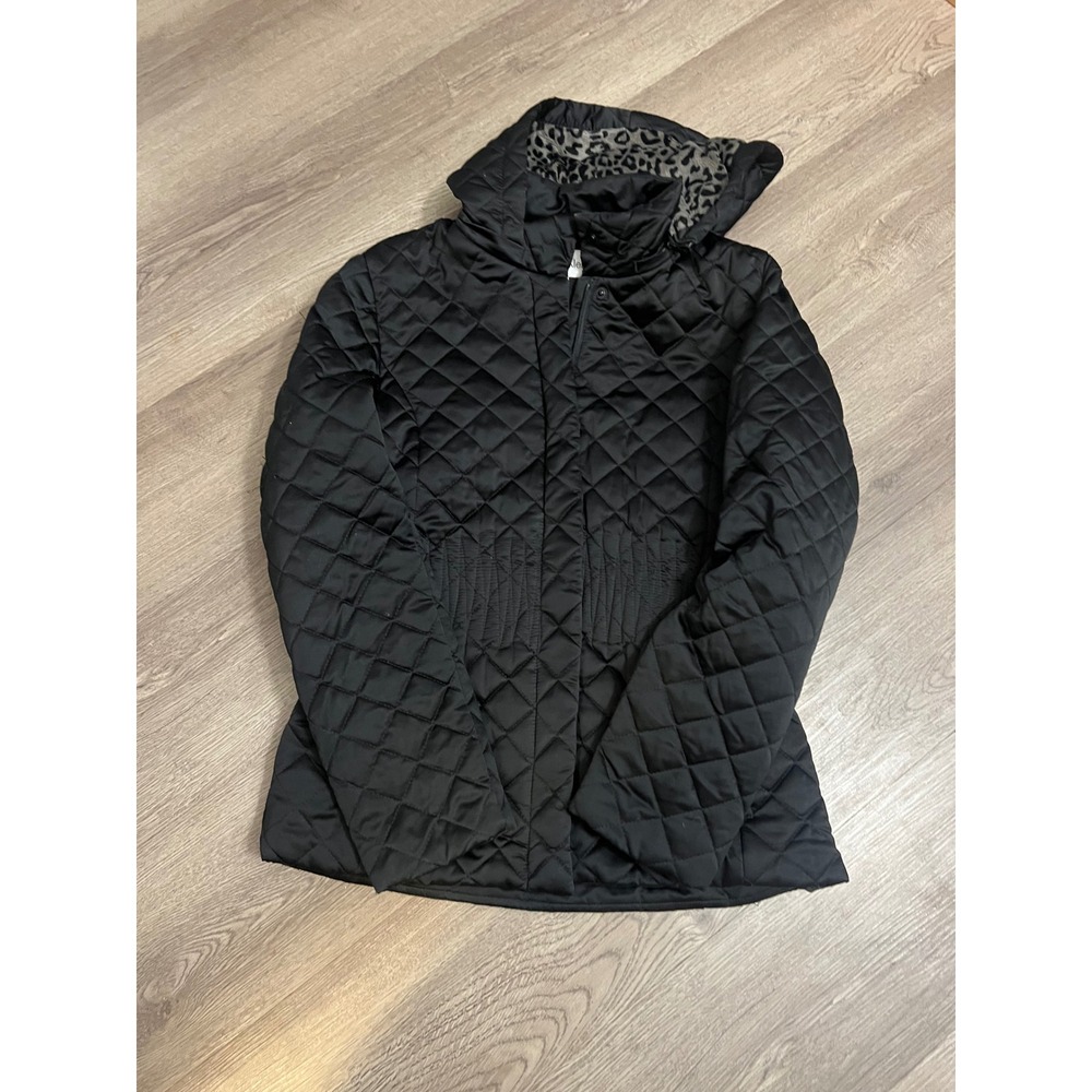 Calvin Klein Womens Black Quilted Hooded Jacket Leopard Fleece Lining XS